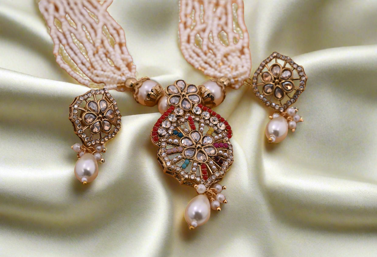 Victorian Pearl Beads Kundan Necklace Set