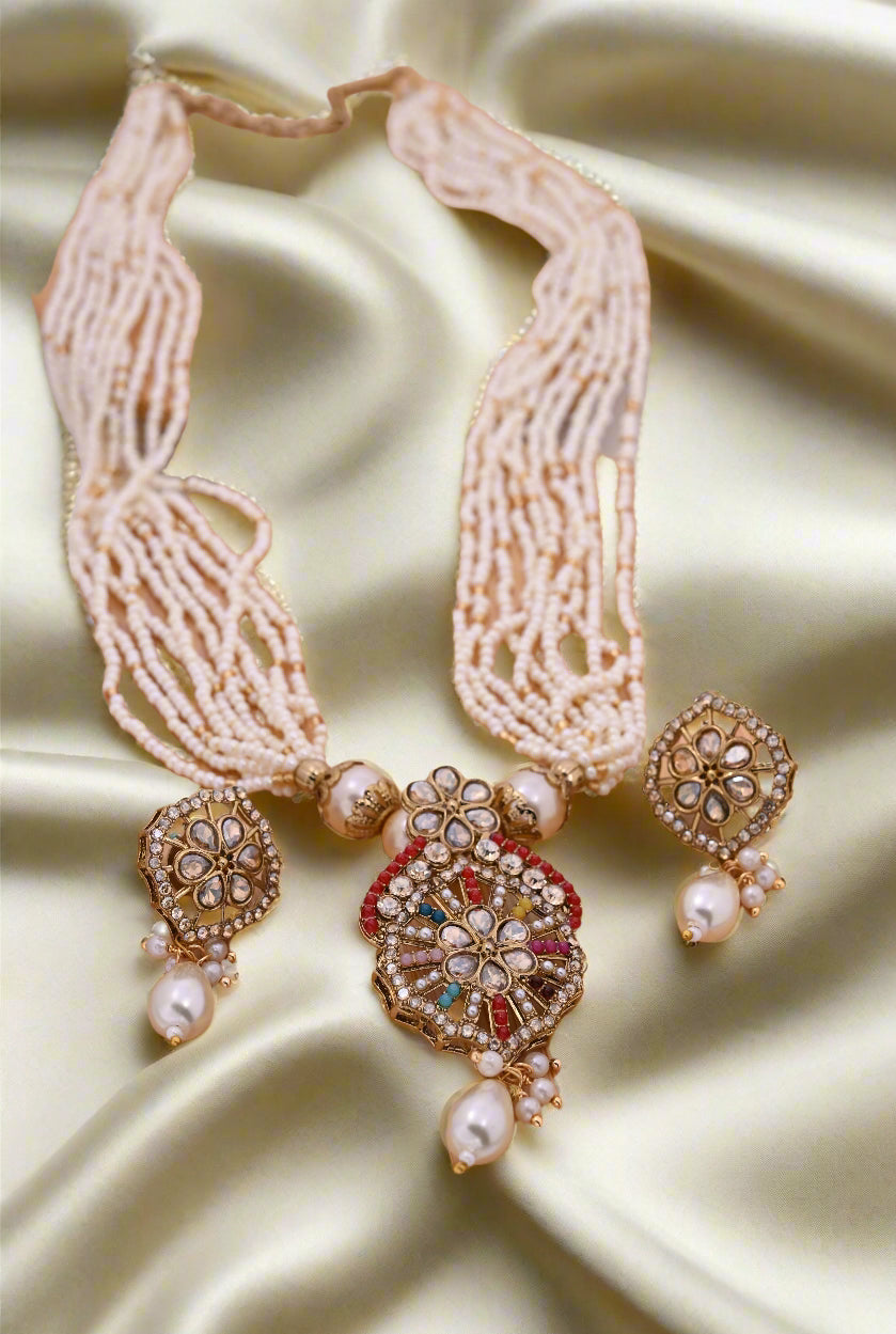 Victorian Pearl Beads Kundan Necklace Set