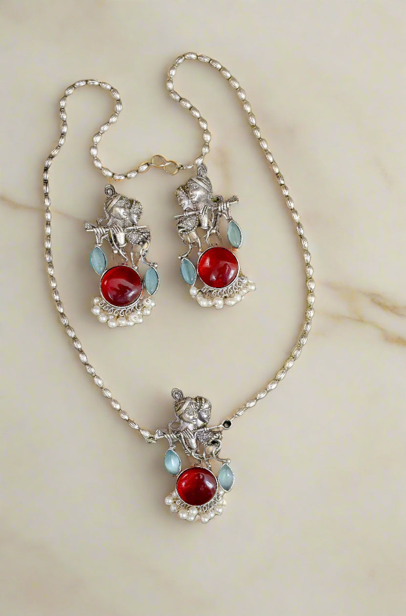 Antique Vintage Silver Radha Krishna Pendant Chain Set