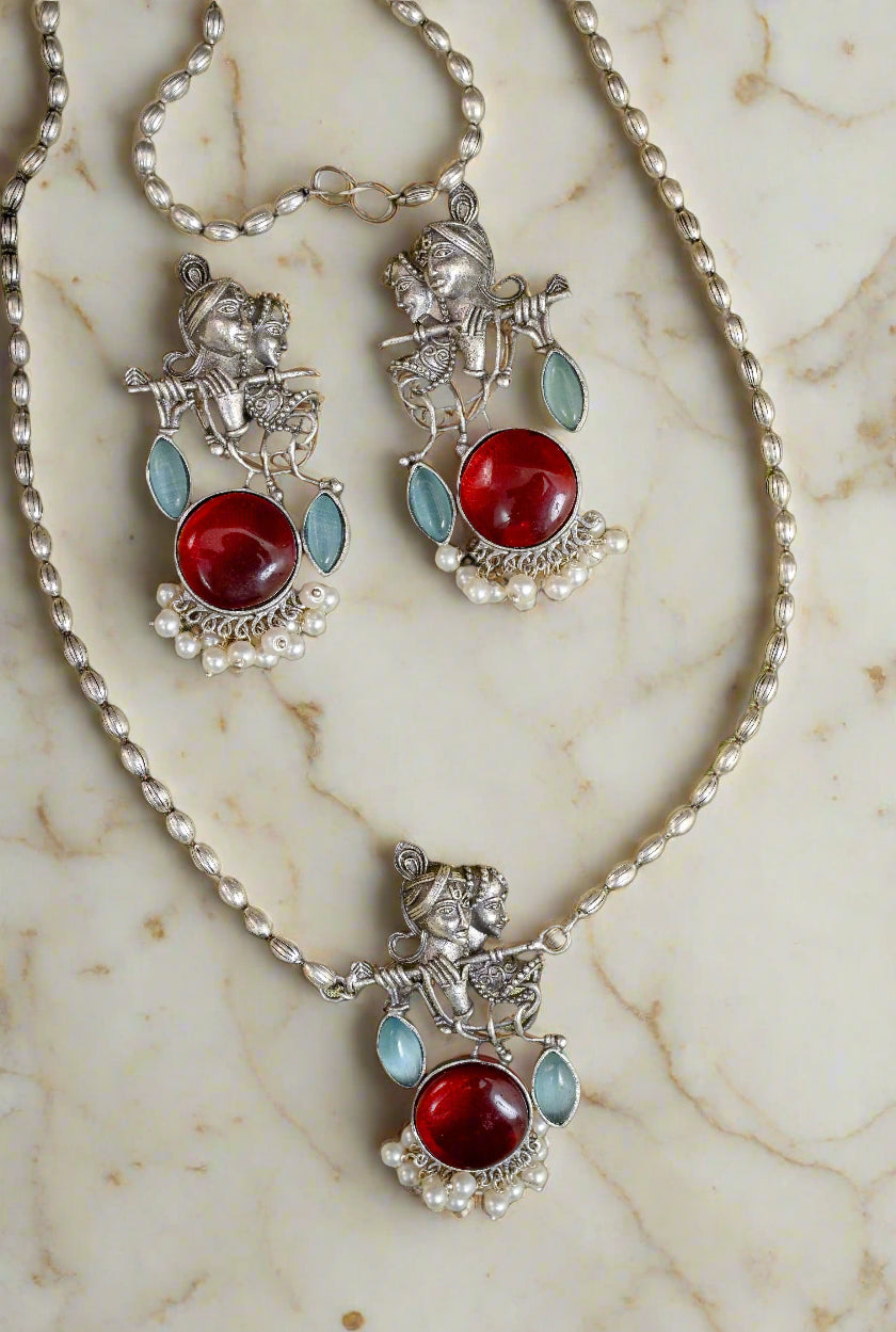 Antique Vintage Silver Radha Krishna Pendant Chain Set