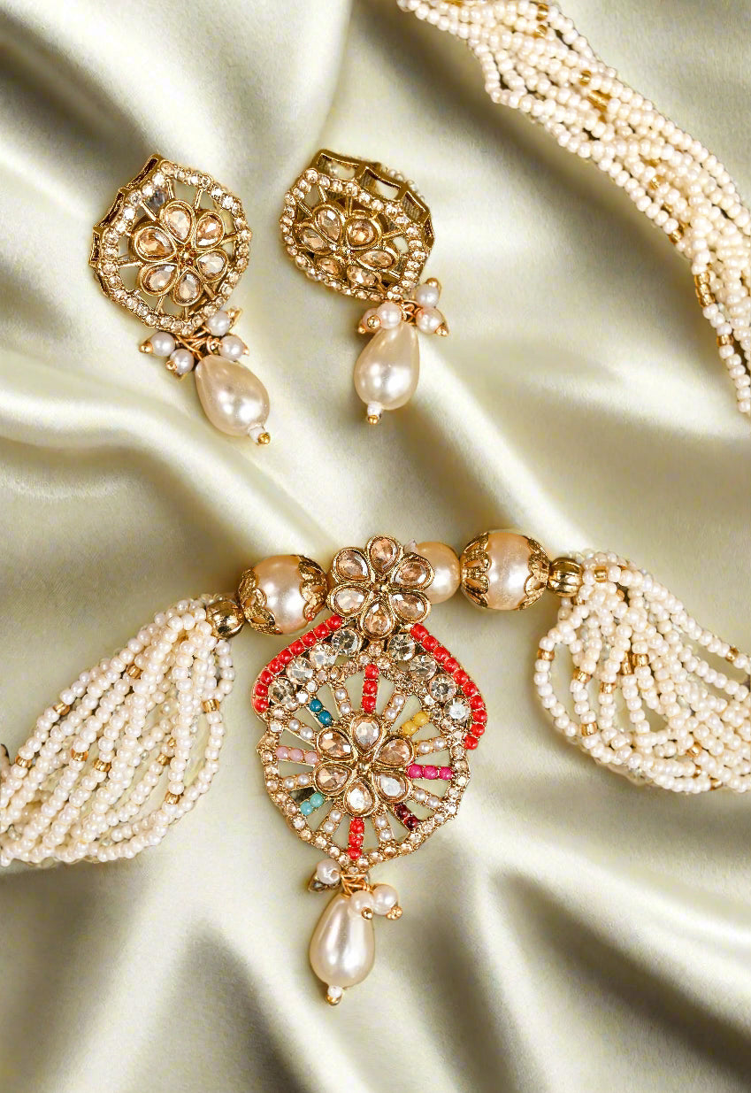 Victorian Pearl Beads Kundan Necklace Set