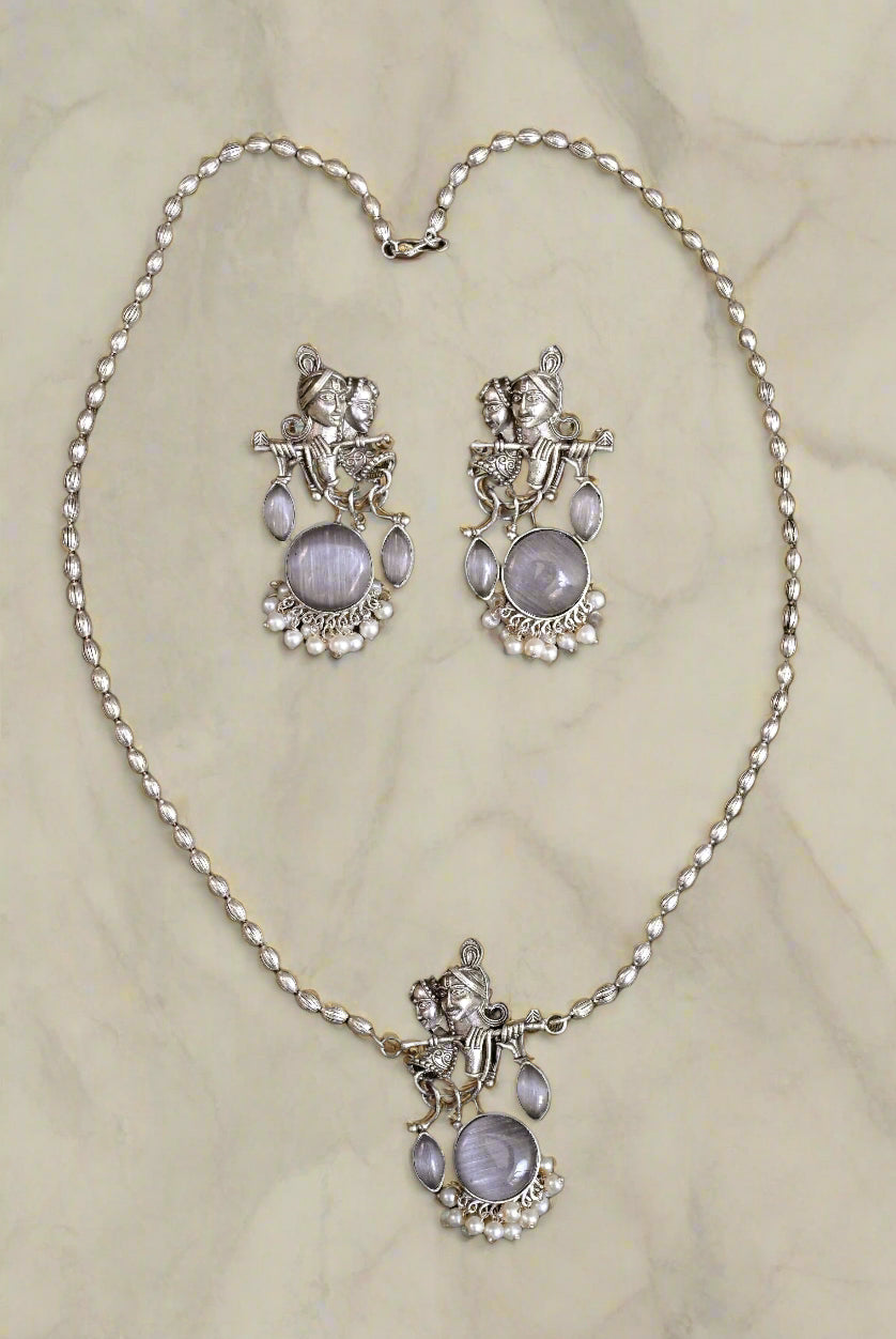 Antique Vintage Silver Radha Krishna Pendant Chain Set