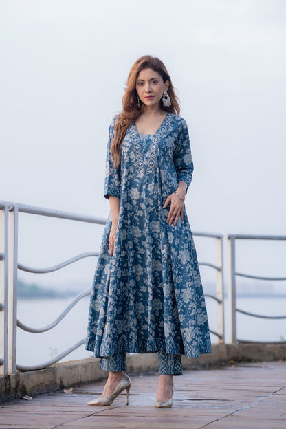 Blue Designer Ajrak Kurta With Pant Set