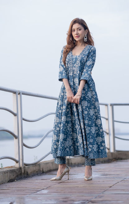 Blue Designer Ajrak Kurta With Pant Set