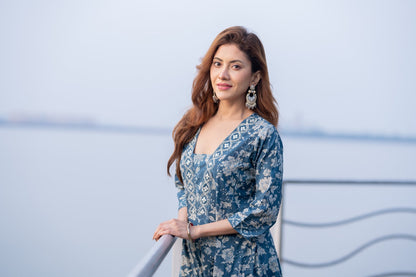 Blue Designer Ajrak Kurta With Pant Set