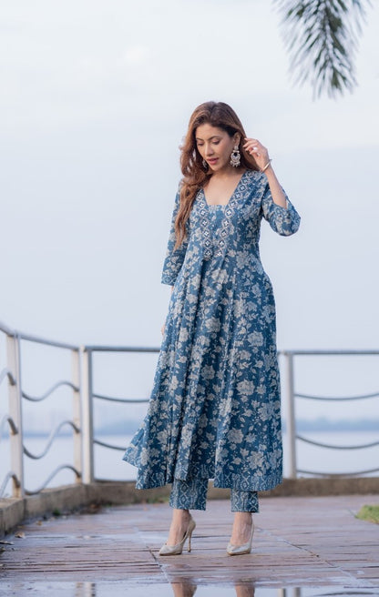 Blue Designer Ajrak Kurta With Pant Set