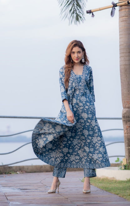 Blue Designer Ajrak Kurta With Pant Set
