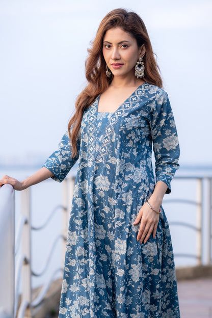 Blue Designer Ajrak Kurta With Pant Set