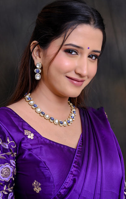 Moissanite CZ Kundan Single Line Necklace Set