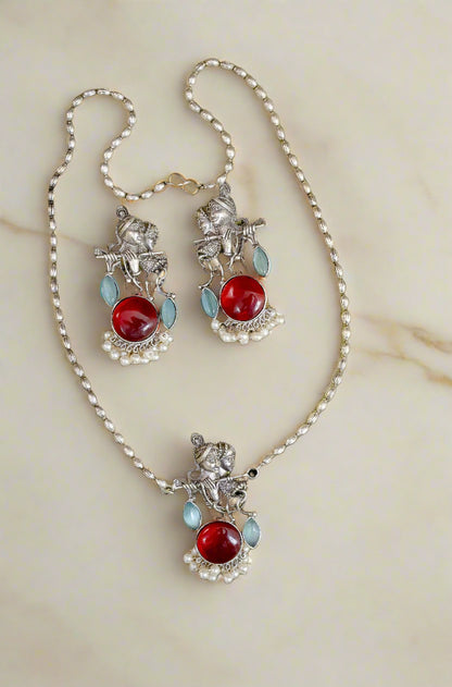 Antique Vintage Silver Radha Krishna Pendant Chain Set