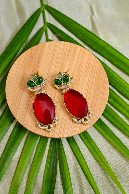 Classic Gold Plated Doublet Statement Earrings - Red