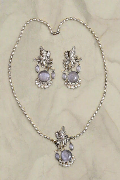 Antique Vintage Silver Radha Krishna Pendant Chain Set