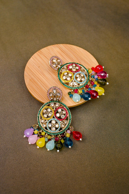 Vibrant Multicolored Natural Hydraulic Stone Kundan Earrings