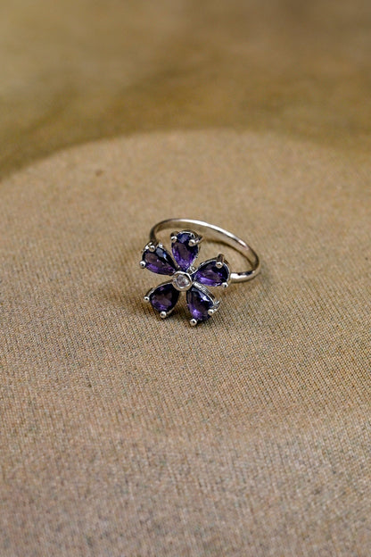 Floral Adjustable CZ Silver Ring