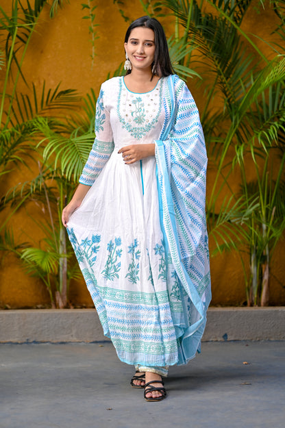 White Floral Block Printed Front Slit White Anarkali Kurta Pant Dupatta  Set