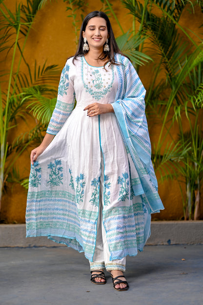 White Floral Block Printed Front Slit White Anarkali Kurta Pant Dupatta  Set