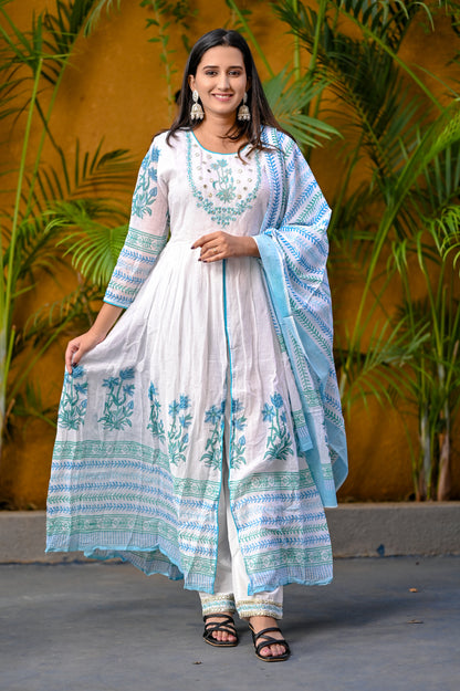 White Floral Block Printed Front Slit White Anarkali Kurta Pant Dupatta  Set