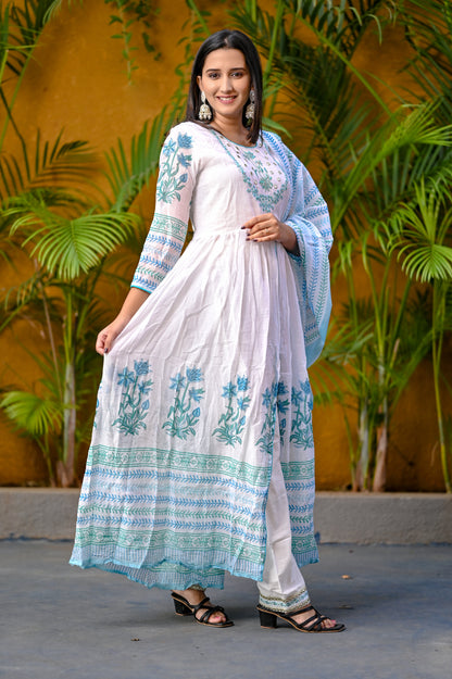 White Floral Block Printed Front Slit White Anarkali Kurta Pant Dupatta  Set