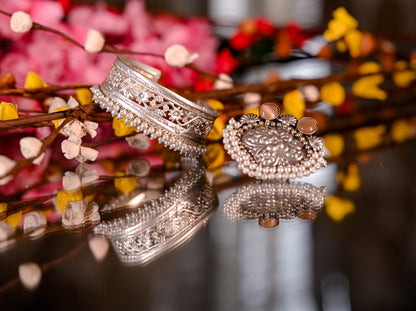 Combo Of Tribal Oxidized Silver Pearl Beaded Cuff Bracelet And Stone Studded  Ring