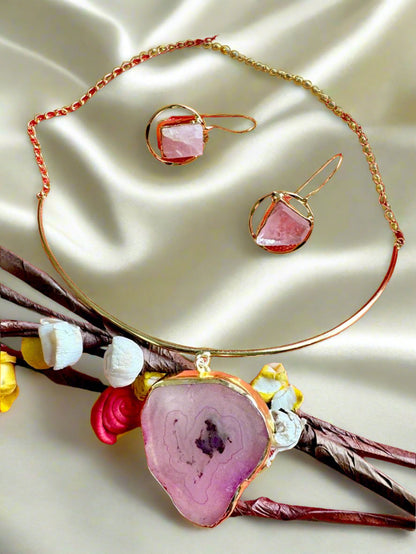 Natural Rose Quartz Gold Plated Pendant Necklace
