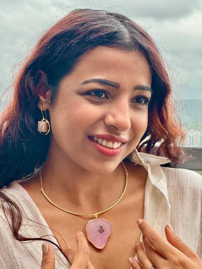 Natural Rose Quartz Gold Plated Pendant Necklace