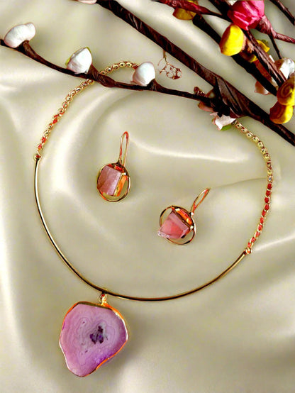 Natural Rose Quartz Gold Plated Pendant Necklace