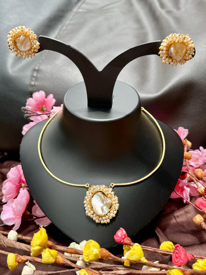 Mother Of Pearl Pure Brass Hasli Statement Necklace Set