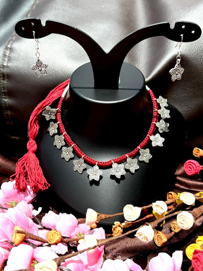 Fusion Oxidized Silver Red Thread Choker Set