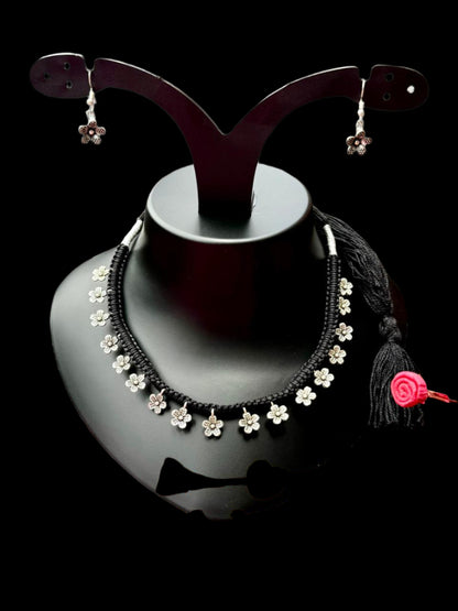 Fusion Oxidized Silver Black Thread Choker Set