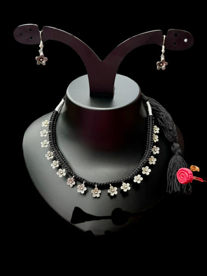 Fusion Oxidized Silver Black Thread Choker Set