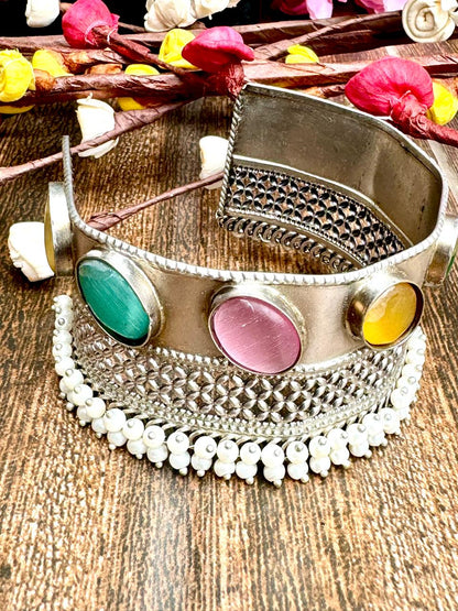 German Silver Adjustable Semi Precious Stone & Pearl Beaded Cuff