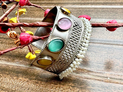 German Silver Adjustable Semi Precious Stone & Pearl Beaded Cuff