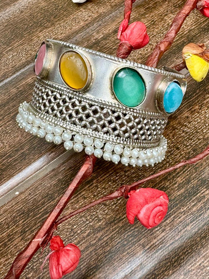 German Silver Adjustable Semi Precious Stone & Pearl Beaded Cuff