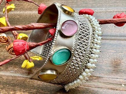 German Silver Adjustable Semi Precious Stone & Pearl Beaded Cuff