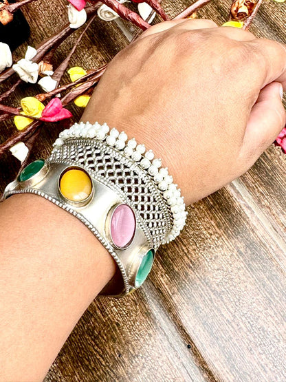 German Silver Adjustable Semi Precious Stone & Pearl Beaded Cuff