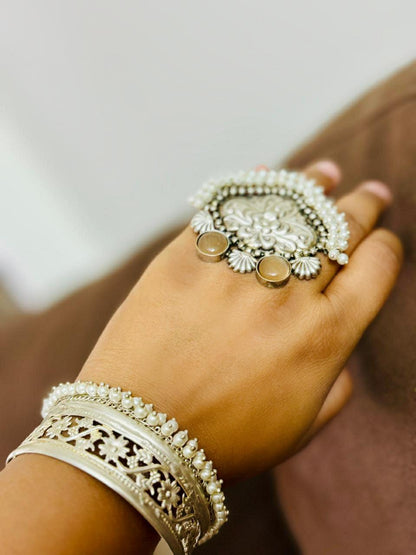 Combo Of Tribal Oxidized Silver Pearl Beaded Cuff Bracelet And Stone Studded  Ring