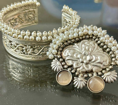 Combo Of Tribal Oxidized Silver Pearl Beaded Cuff Bracelet And Stone Studded  Ring
